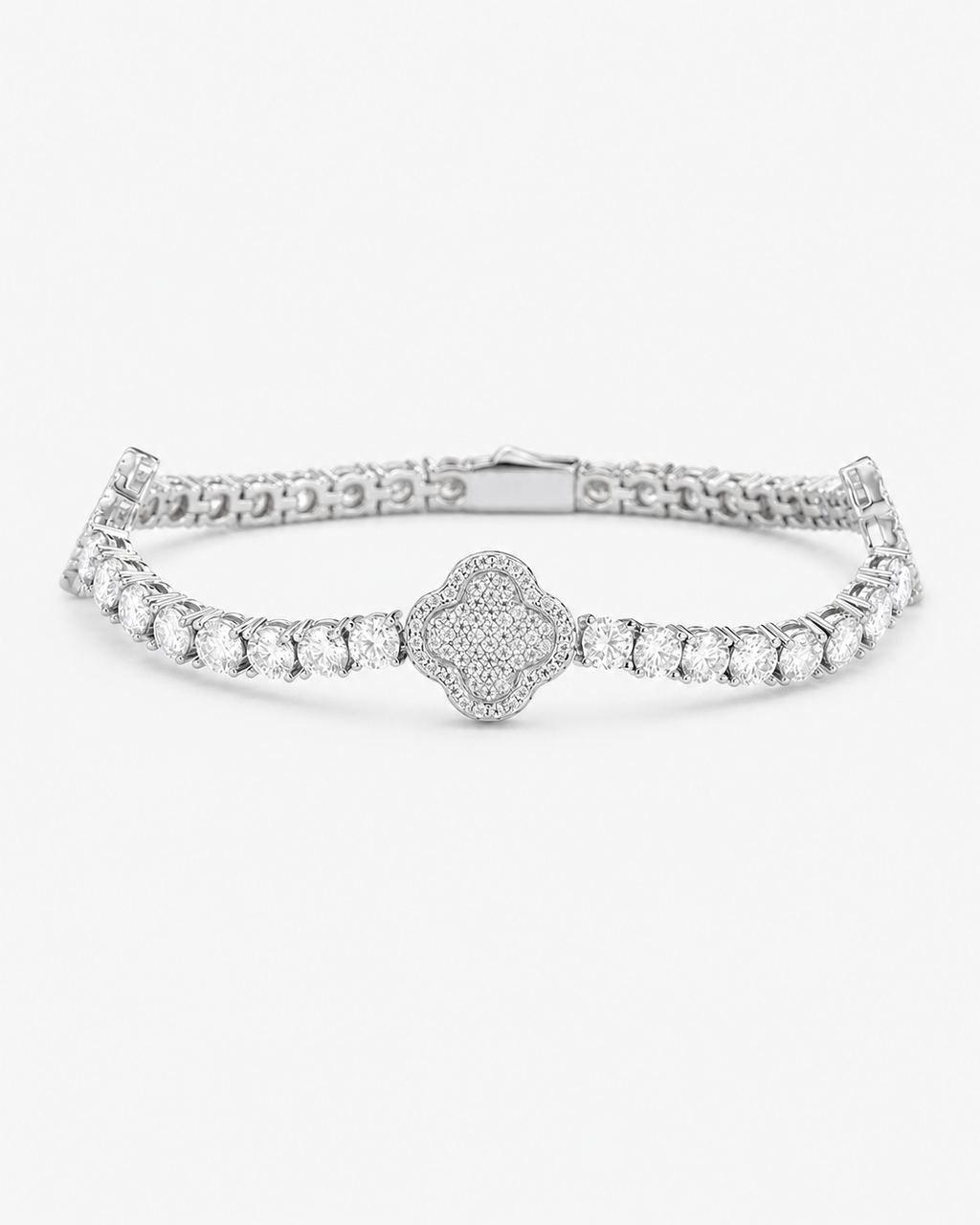 Alora four leaf clover moissanite bracelet in platinum plated 925 sterling silver