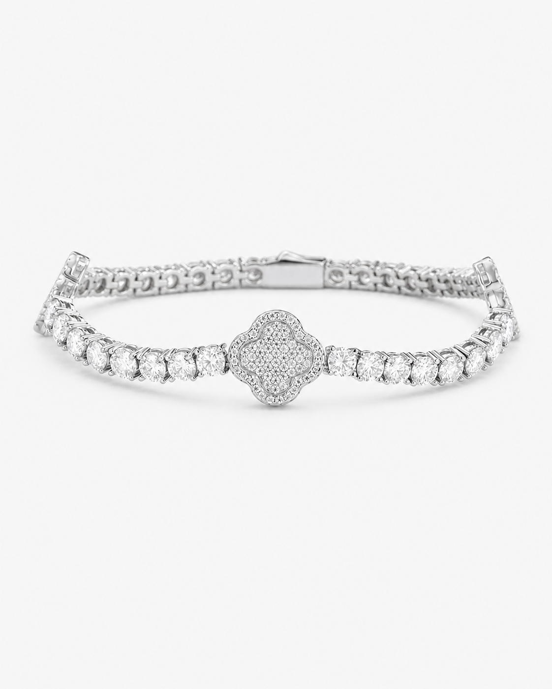 Alora four leaf clover moissanite bracelet in platinum plated 925 sterling silver