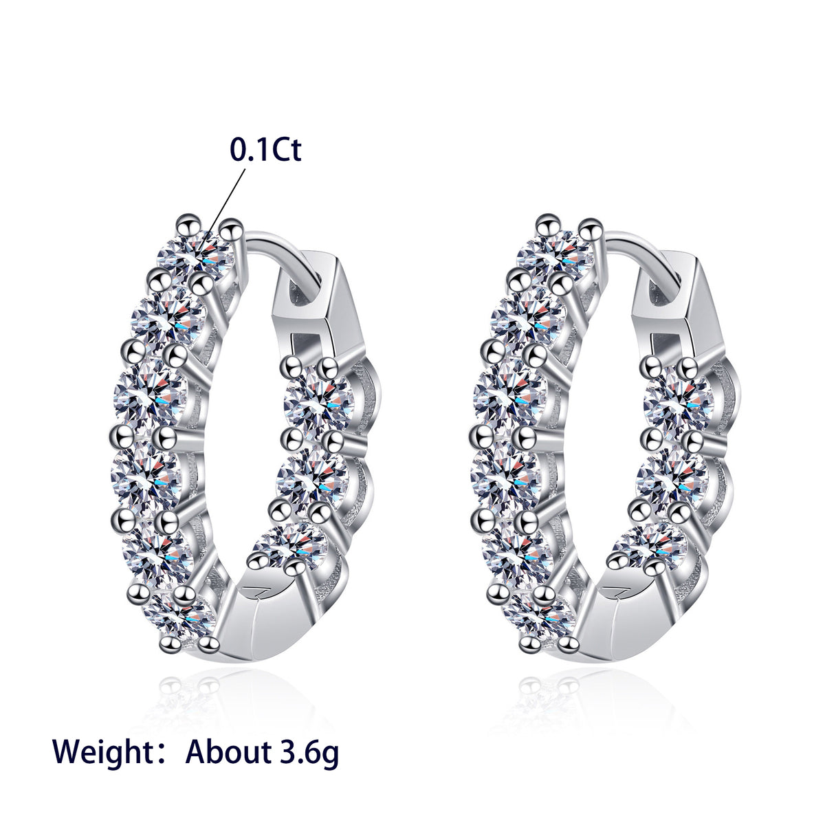 VANLARA moissanite huggie earrings detail showing 0.1CT stones and 3.6g weight