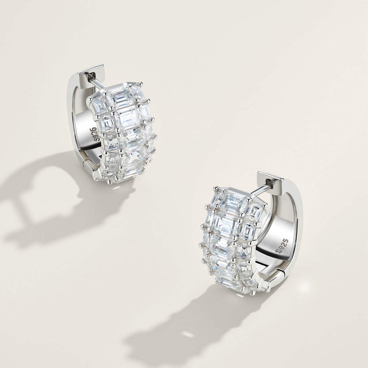 VANLARA silver moissanite hoop earrings angled view showing S925 mark