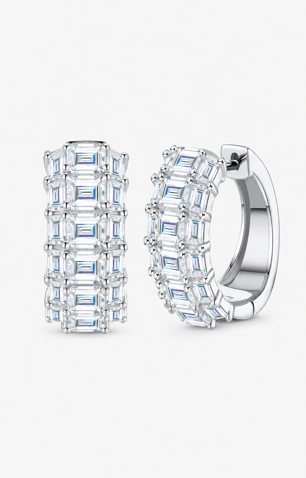 VANLARA D color VVS1 emerald cut moissanite hoop earrings in silver