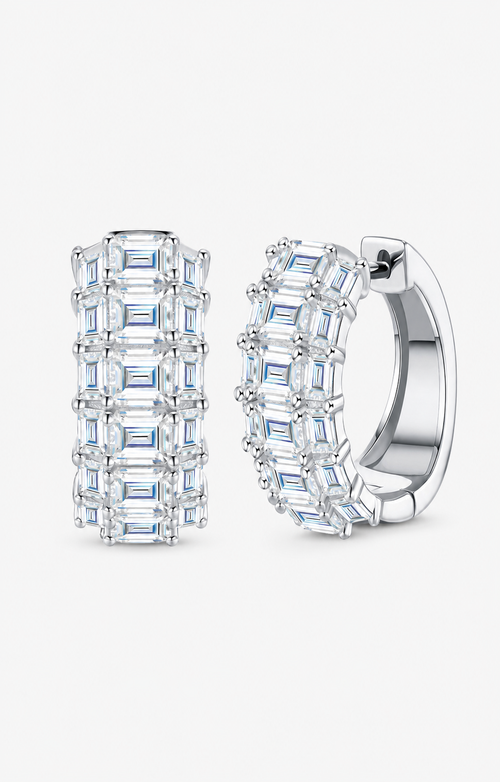 VANLARA D color VVS1 emerald cut moissanite hoop earrings in silver