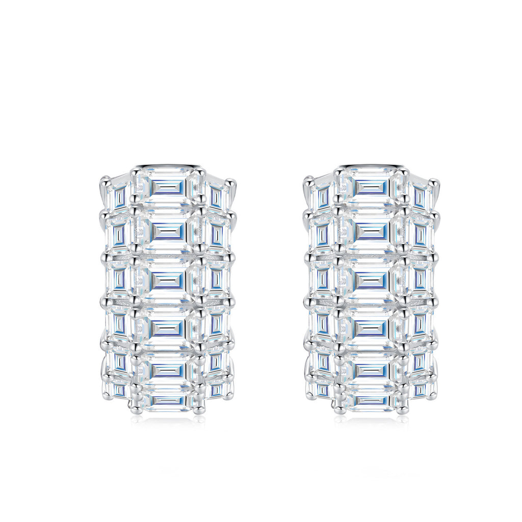 VANLARA emerald cut moissanite hoop earrings pair on white background