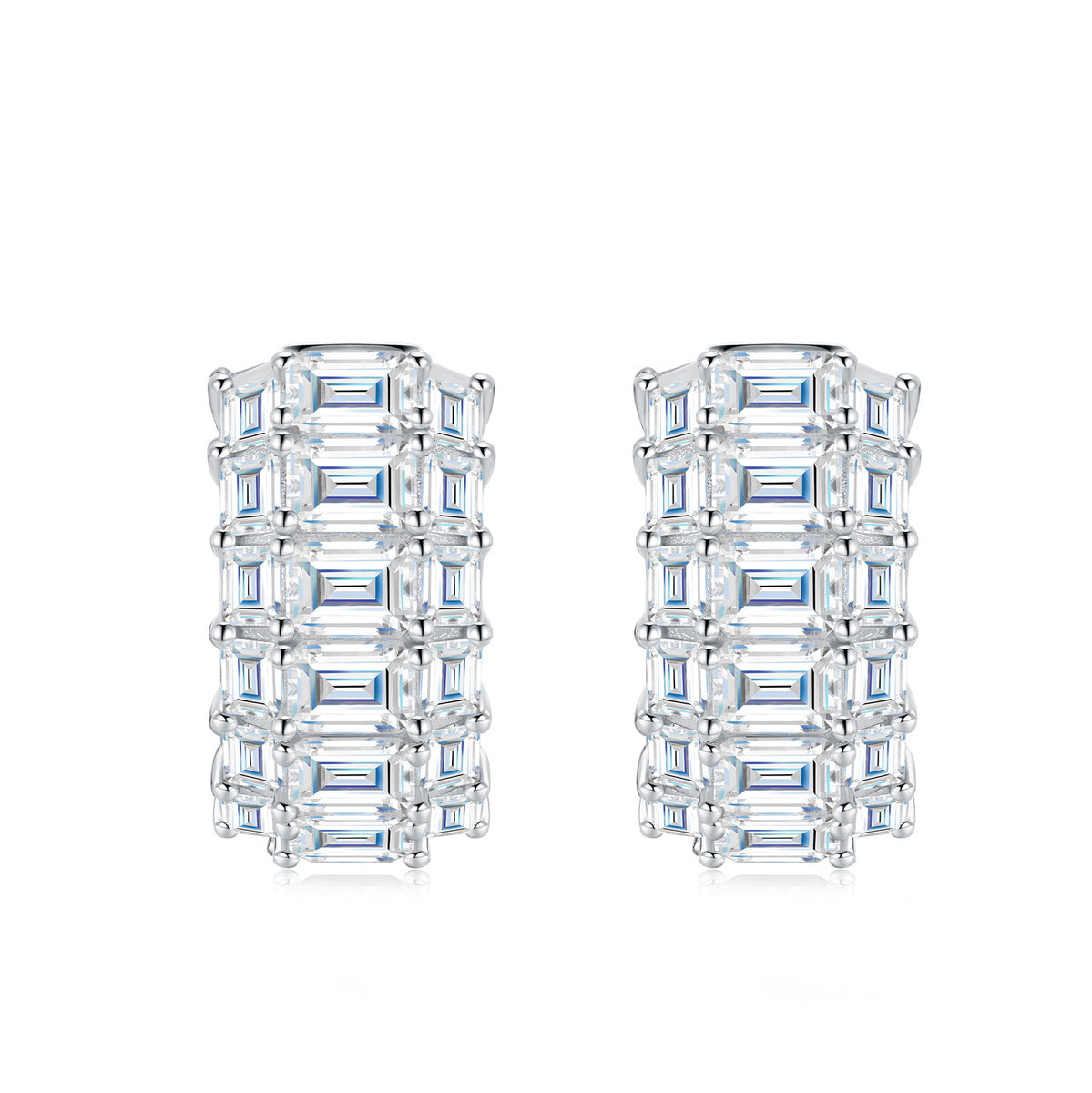 VANLARA emerald cut moissanite hoop earrings pair on white background