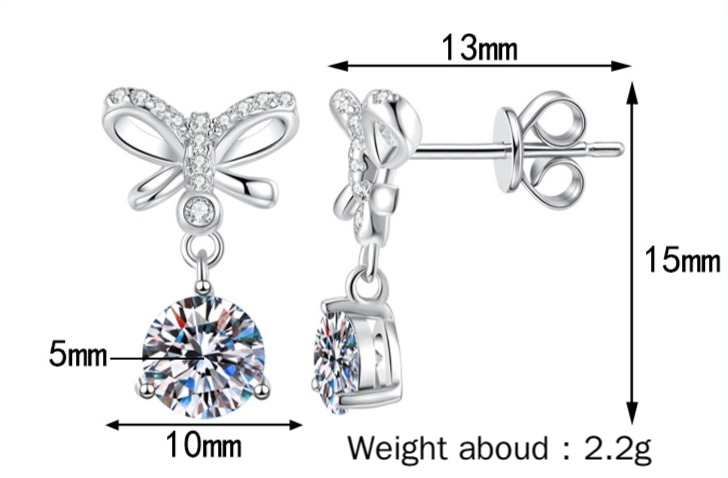 VANLARA bow drop moissanite earrings size details 13mm by 15mm and 2.2g