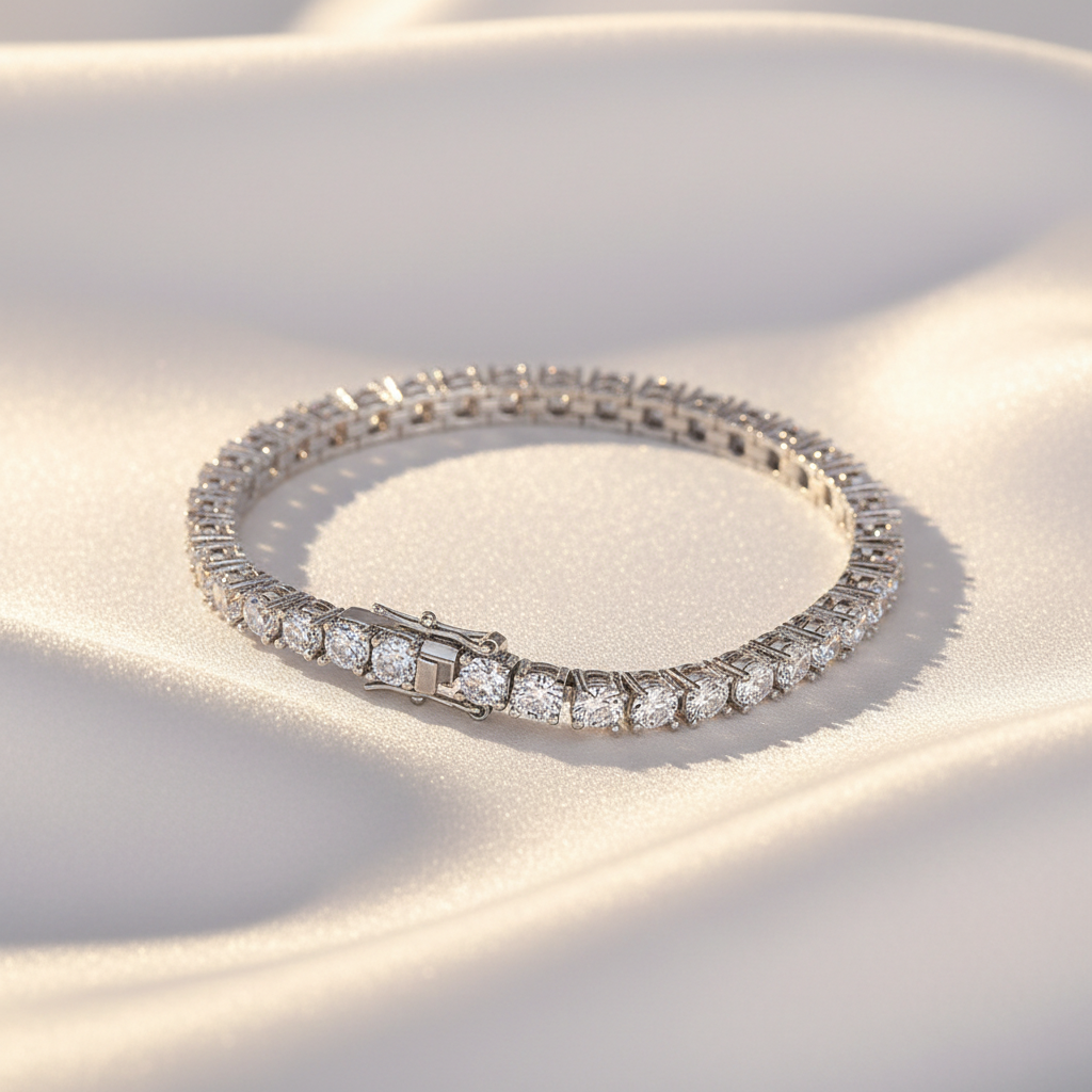 VANLARA Sera 3mm moissanite tennis bracelet on satin lifestyle image