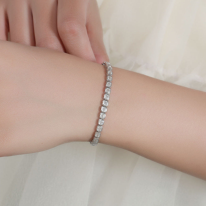 Varenne square moissanite tennis bracelet worn on wrist